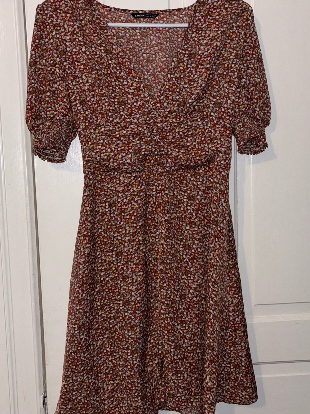 SHEIN Rust Multi Floral V-Neck Midi Dress
